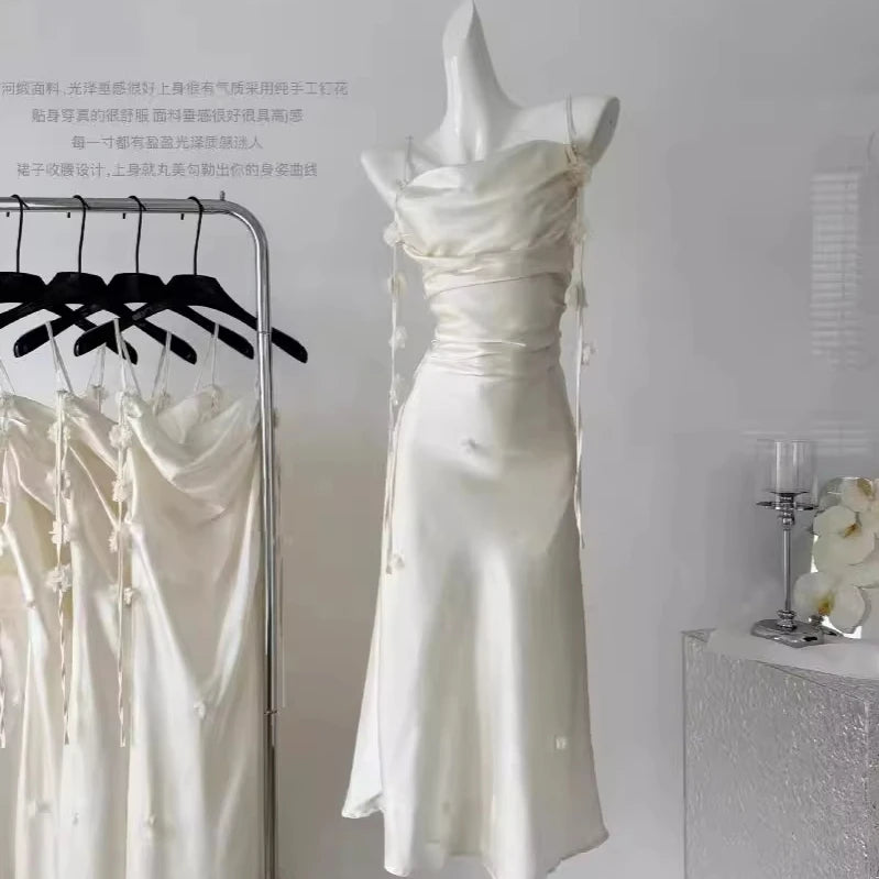 Summer Style White Halter Dress Medium Length Elegant Slim Fish Tail Wrap Long Dresses Women