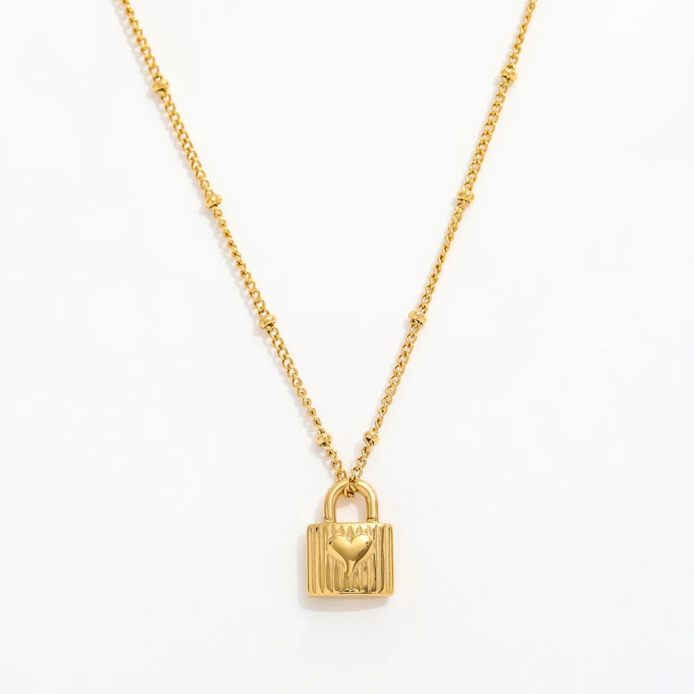 Fenny 18K Gold Plated High Quality Tarnish Free Simple Fortune Padlock Pendant Bead Chain Stainless Steel Necklace for Women