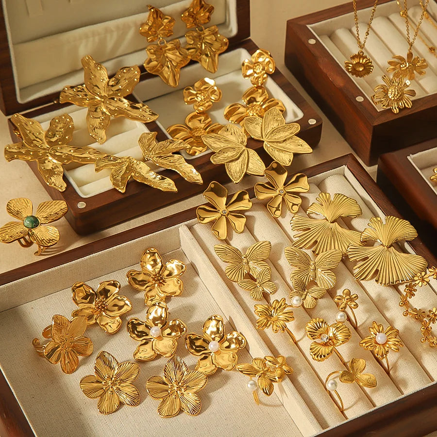 Non Tarnish Gemstone Butterfly Flower Earrings Ring 18k Gold Plated Stainless Steel Jewelry Sets for Women