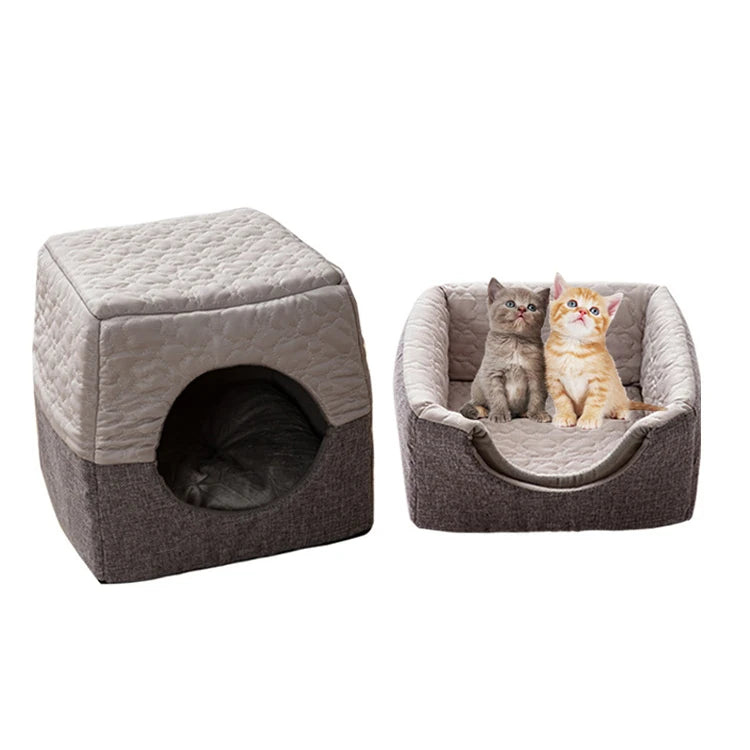 Pet 3 in 1 Foldable Anti-slip Cave Bed Linen Cotton Soft Sofa Winter Warm Summer Cool Removable Cat Dog Kennel Bed