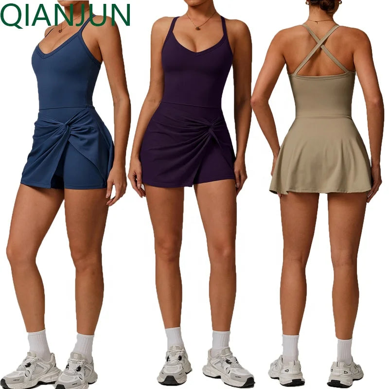2025 New Sport One Piece Tennis Dress for Women Golf Workout Outfits with Shorts Sports Bodysuits