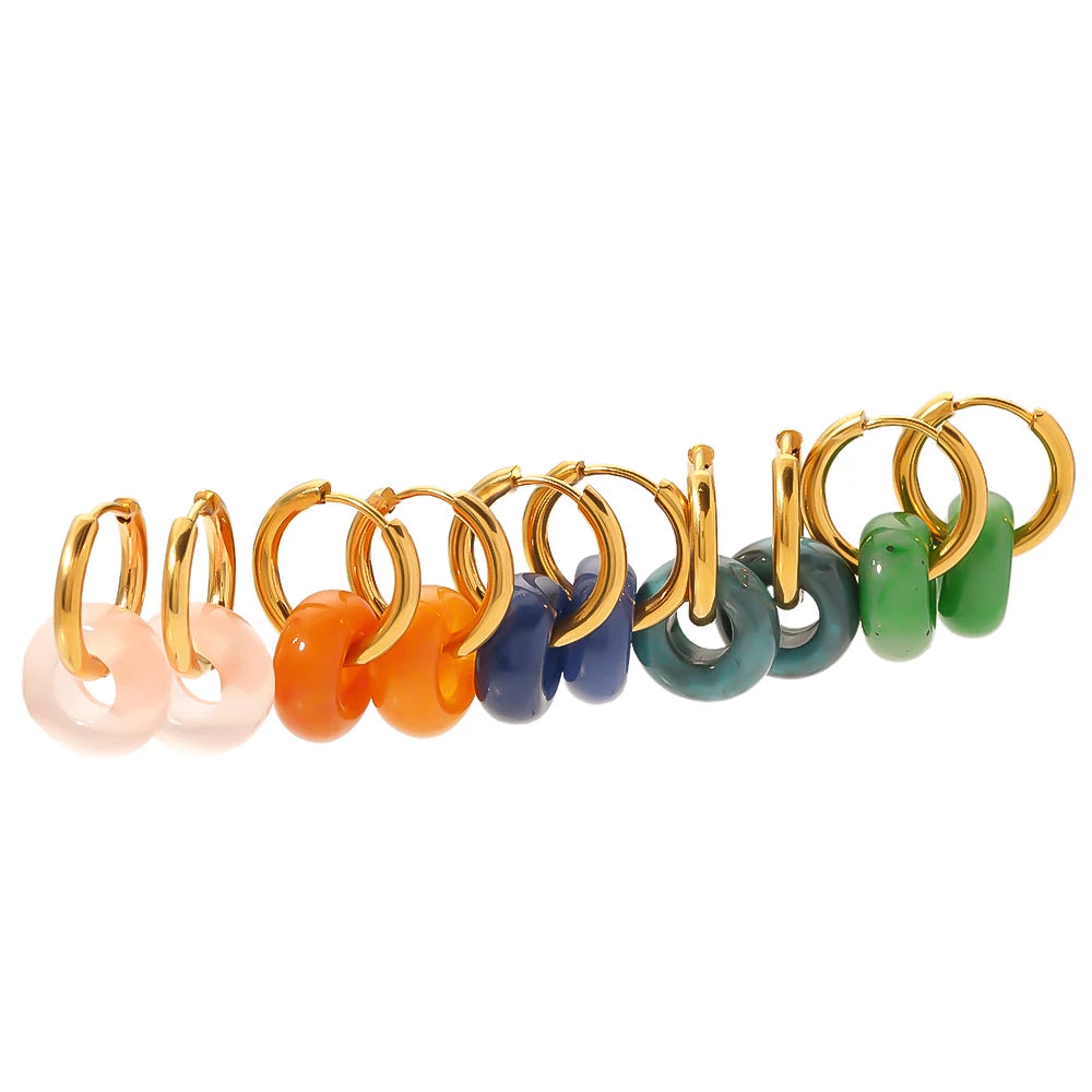 Retro Stainless Steel 18k Gold Plated Colorful Natural Stones Hoop Earrings Gemestones Jewelry for Women