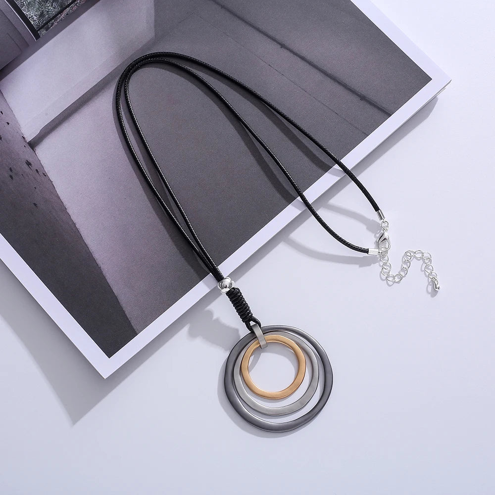 TongLing Italy Necklace Black Rope Strand String Three Color Loop Circular Pendant Necklace for Women Daily Life