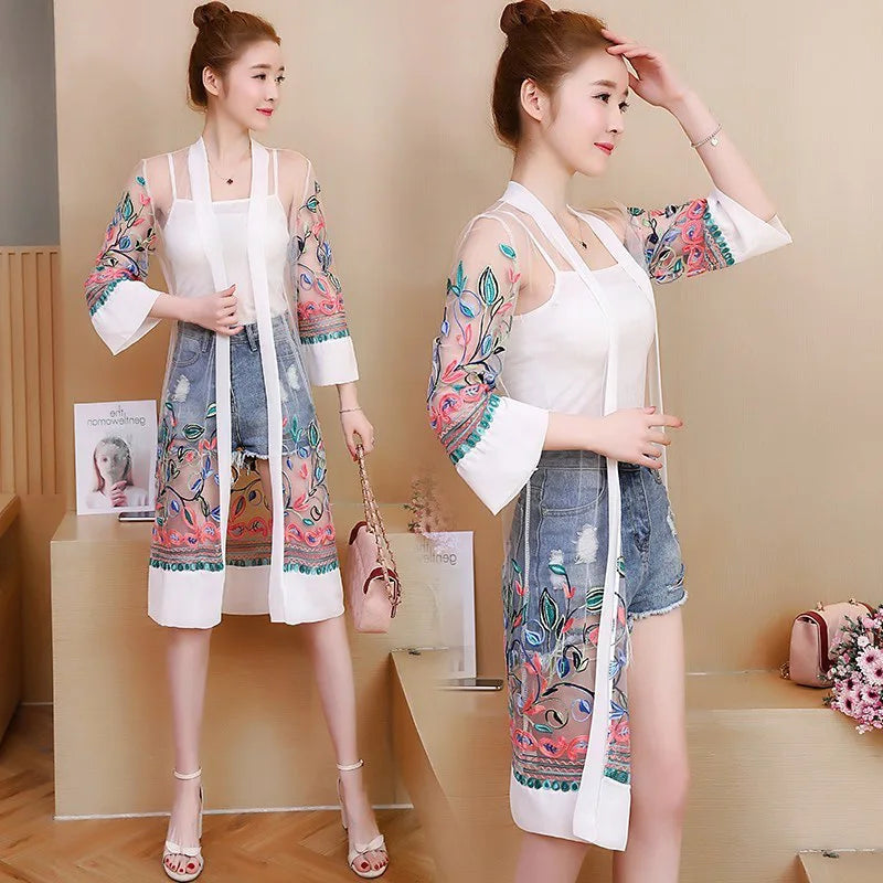 Newest Womens Summer Embroidery Fringe Sun Protection Clothing Chiffon Cardigans Kimono Ethnic Boho Beach Cardigans