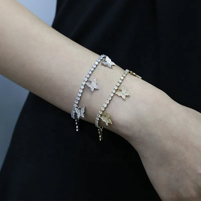 ROMANTIC New Hip Hop Jewelry Bling CZ Tennis Hand Pink Butterfly Ankle Bracelets for Women