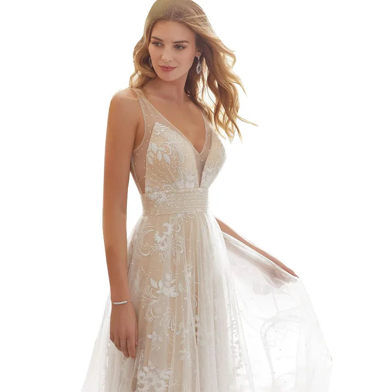 Trumpet Mermaid Tulle Applique V-neck Sleeveless Sweep Brush Train Wedding Dresses