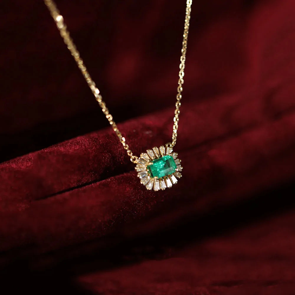 Vintage Luxury 18K Gold Plated Pure 925 Sterling Silver Geometric Green Zircon Emerald Pendant Necklace for Women Girls Jewelry