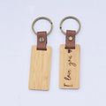 Personalized logo Laser Maple Wooden Bamboo Walnut Rosewood Keychain with Genuine Leather