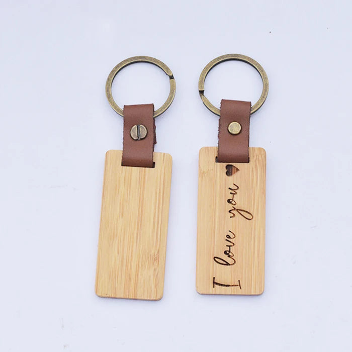 Personalized logo Laser Maple Wooden Bamboo Walnut Rosewood Keychain with Genuine Leather