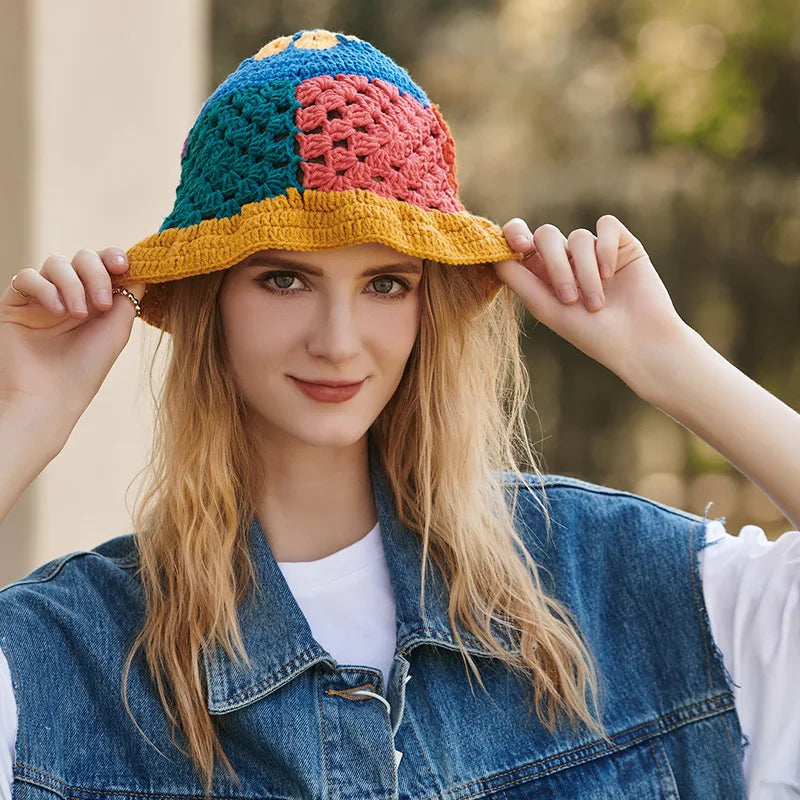 Women Crochet Bucket Hat Cute Flower Pattern Knitted Fisherman Hat Trendy Outdoor Wide Brim Sun Cap