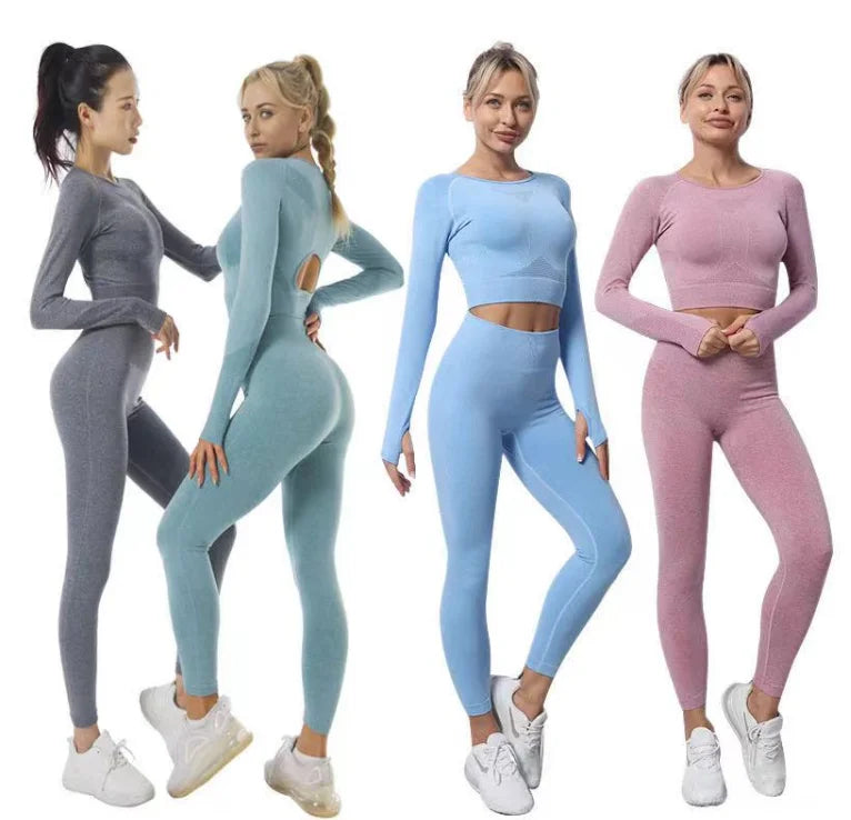 New Style Seamless Yoga Set Sport Set Gym Women Long Sleeves Knitted Sportswear Suits Running Leggings