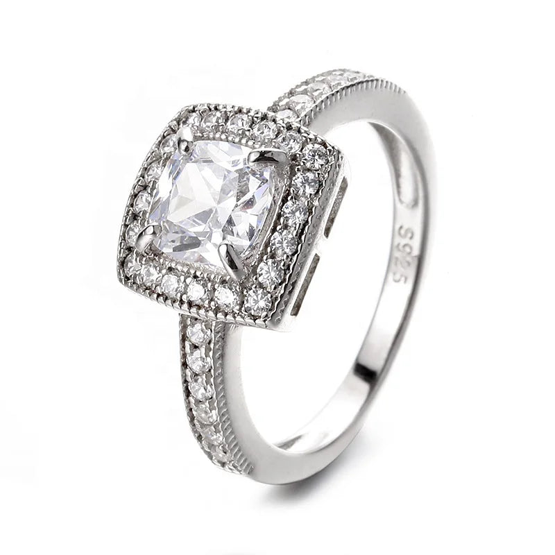 Direct Sale Vintage Fine Jewelry Rhodium Plated 925 Sterling Silver Cushion Cut Moissanite Cluster Ring for Women's Anniversary