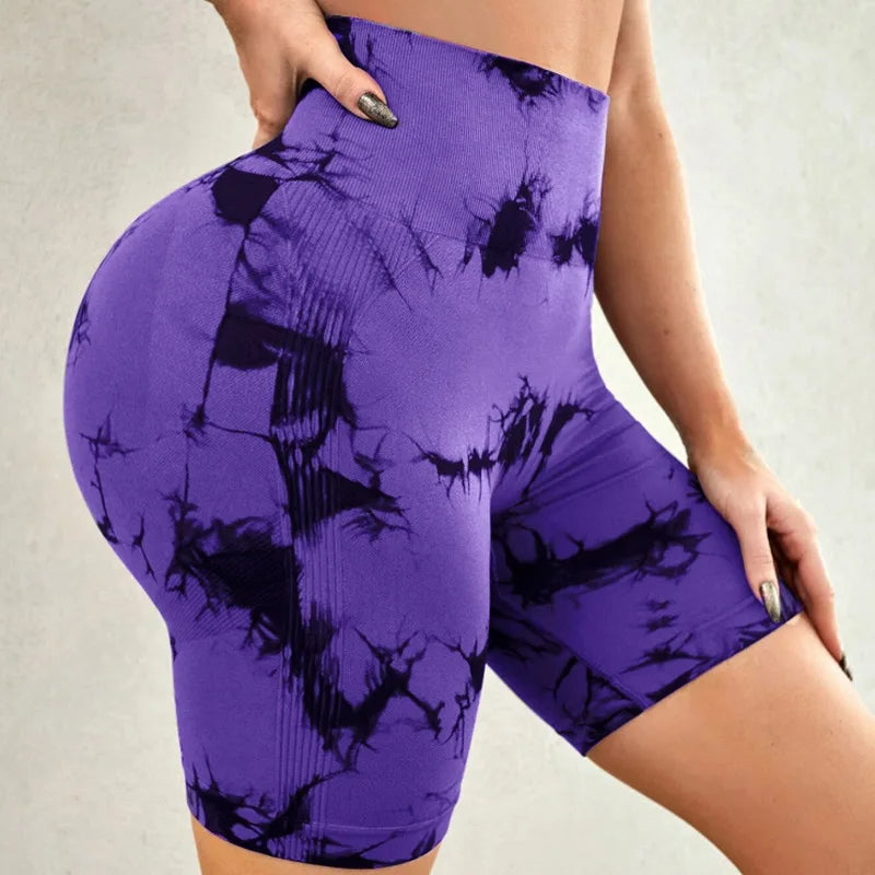 Seamless Spandex/Nylon Shorts for Women Tie Dye Sports Leisure Yoga Wear Set Fitness High Waist Lightweight Breathable