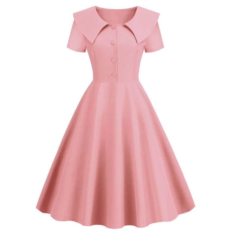Eyegemix Vintage 50s 60s Dress Solid Elegant Peter Pan Collar Women Summer High Waist Rockabilly Pinup Party Midi Sundress