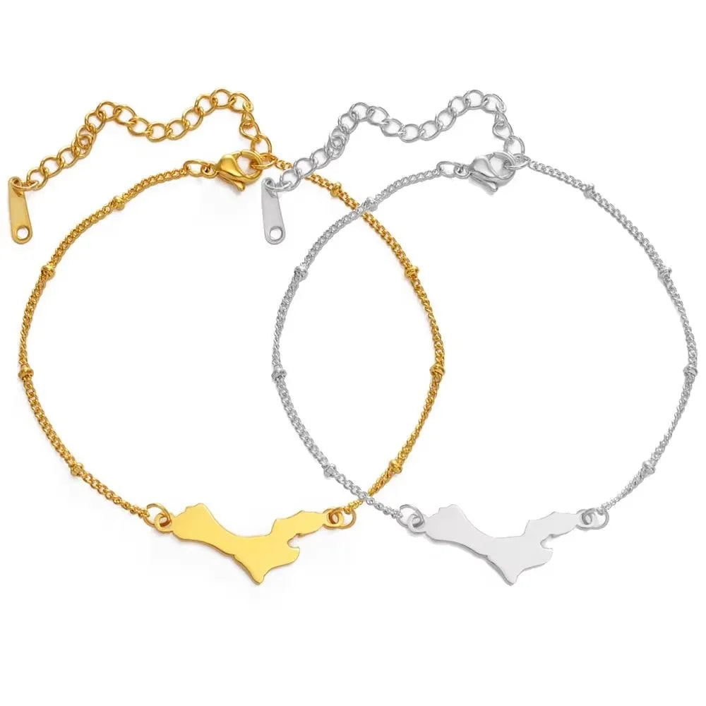 Lady Stainless Steel 18k Gold Plated Netherlands Antilles Bonaire Map Charm Ball Bead Link Chain Bracelet Map Jewelry for Women