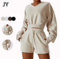 Joyyoung 2023 New Winter Sweatpants and Yoga Set Solid Color Loose Long-sleeved Sports V-neck Cotton Hoodies Women Casual Pan