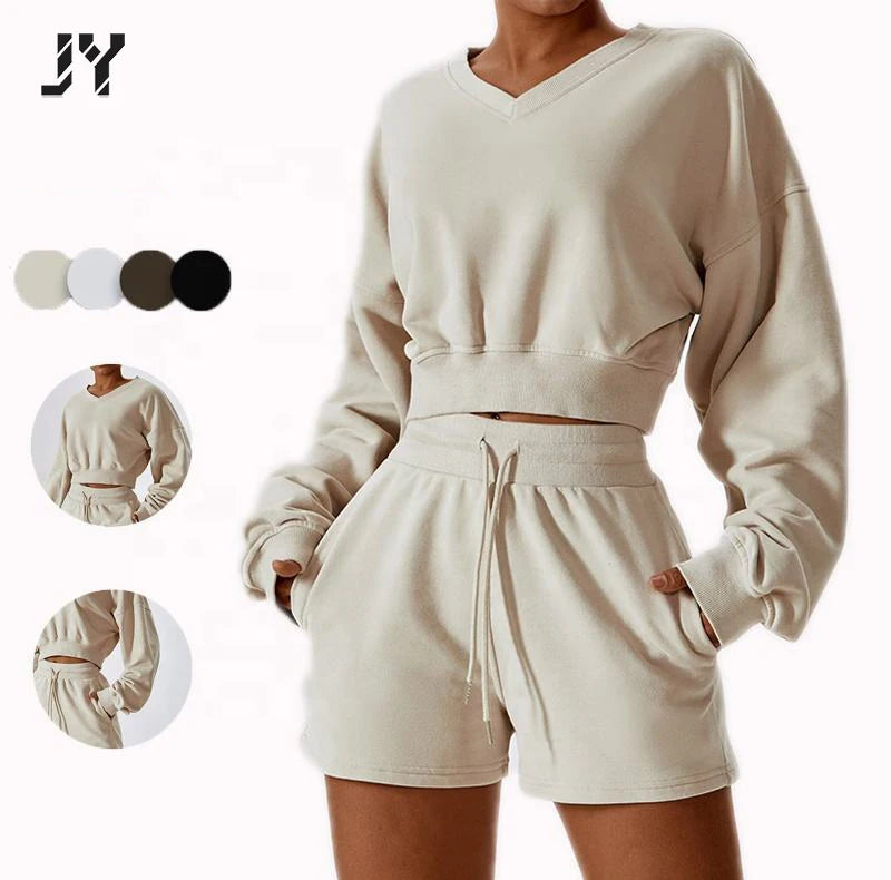 Joyyoung 2023 New Winter Sweatpants and Yoga Set Solid Color Loose Long-sleeved Sports V-neck Cotton Hoodies Women Casual Pan