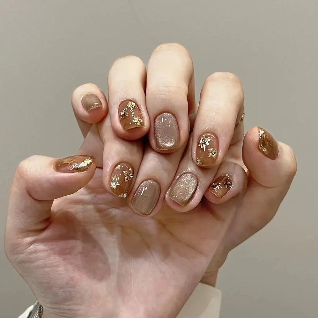 24 Pcs/set Classic French Short Maillard-style Caramel Color Cat Eye Acrylic Nail Tips Press on Nails Wholesale 2985