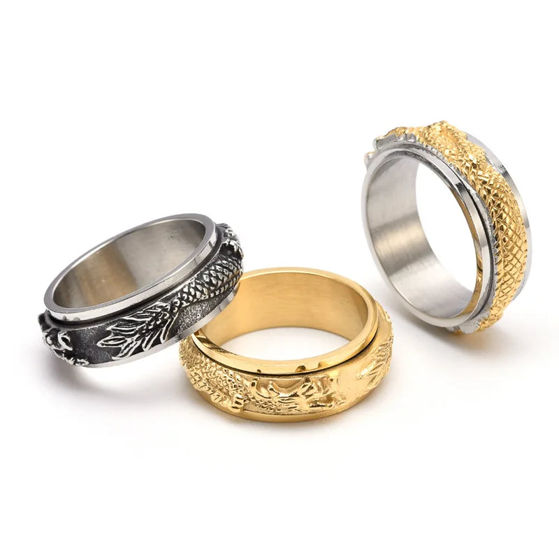8mm Men's Rotatable  Punk Viking Dragon  Relieve Anxiety Rings Stainless Steel Jewelry Spinner Rotating Anxiety Ring
