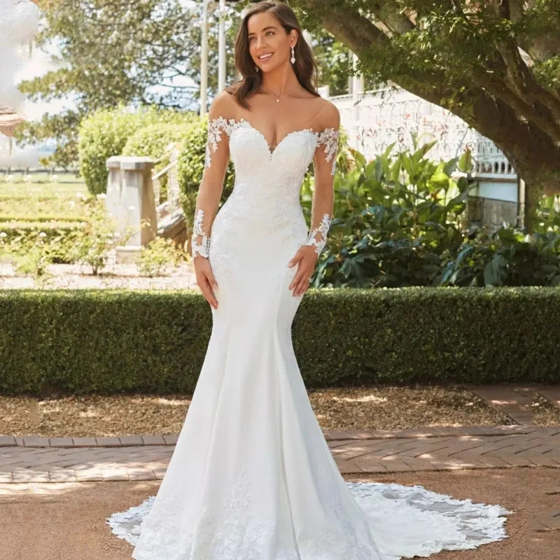 Robe De Marie Custom Sweetheart Long Sleeve Button Lace Appliques Bridal Gown Mermaid Wedding Dresses