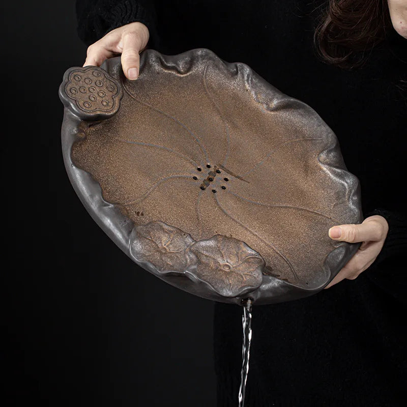 Japanese Gilding Iron Glaze Lotus Tea Tray Ceramic Water Storage and Drainage Dual-purpose Bamboo Tea Tray Tea Table Saucer