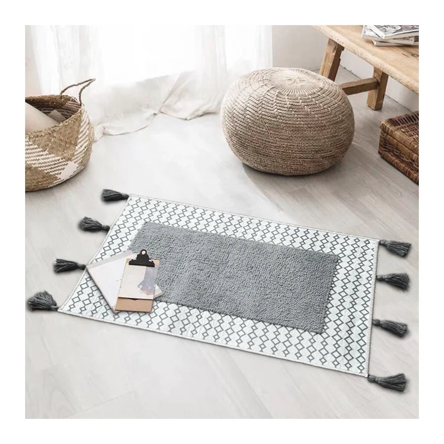 Farmhouse Tufted Area Rug with Woven Tassels Grey Beside Cotton Rug for Living Room