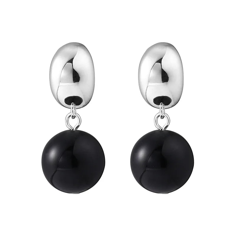 925 Sterling Silver Half Ball Huggie Earring Black Agate Drop Earring for Daily
