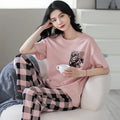 New Cotton Pajamas for Women Summer Short pink Top and Long Plaid Pants Set Summer Home Wear Set for Ladies