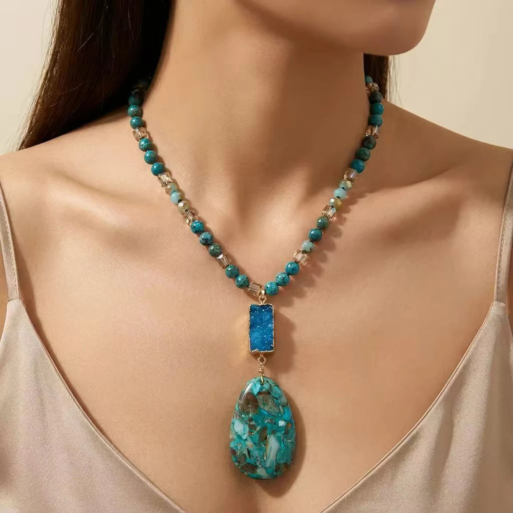 Women Customized Boho Gemstone Necklace Lady 6mm Crystal Glass Natural Stone Imperial Drop Pendant Rectangle Druzy Necklace