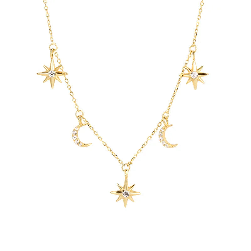 Trendy 18K Gold Plated Moon and Star Necklace  925 Sterling Silver  Crescent  Charm Choker for Women