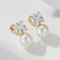 Luxury Fashion 14K Gold Plated 925 Sterling Silver Square Zircon Pearl Stud Earrings Simple Versatile Fine Jewelry