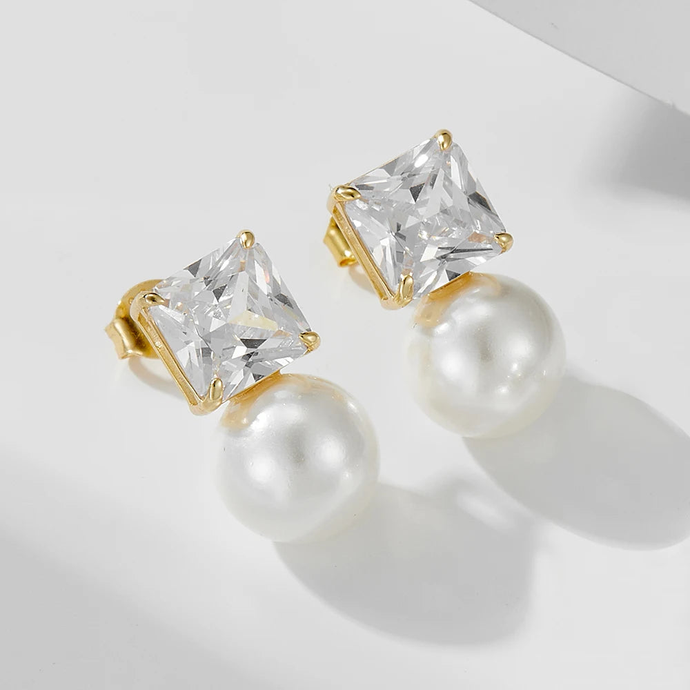 Luxury Fashion 14K Gold Plated 925 Sterling Silver Square Zircon Pearl Stud Earrings Simple Versatile Fine Jewelry