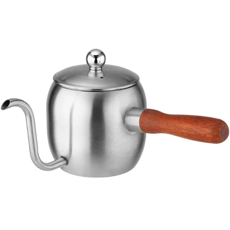Wooden Handheld Food Grade Silver Gooseneck Coffee Kettle