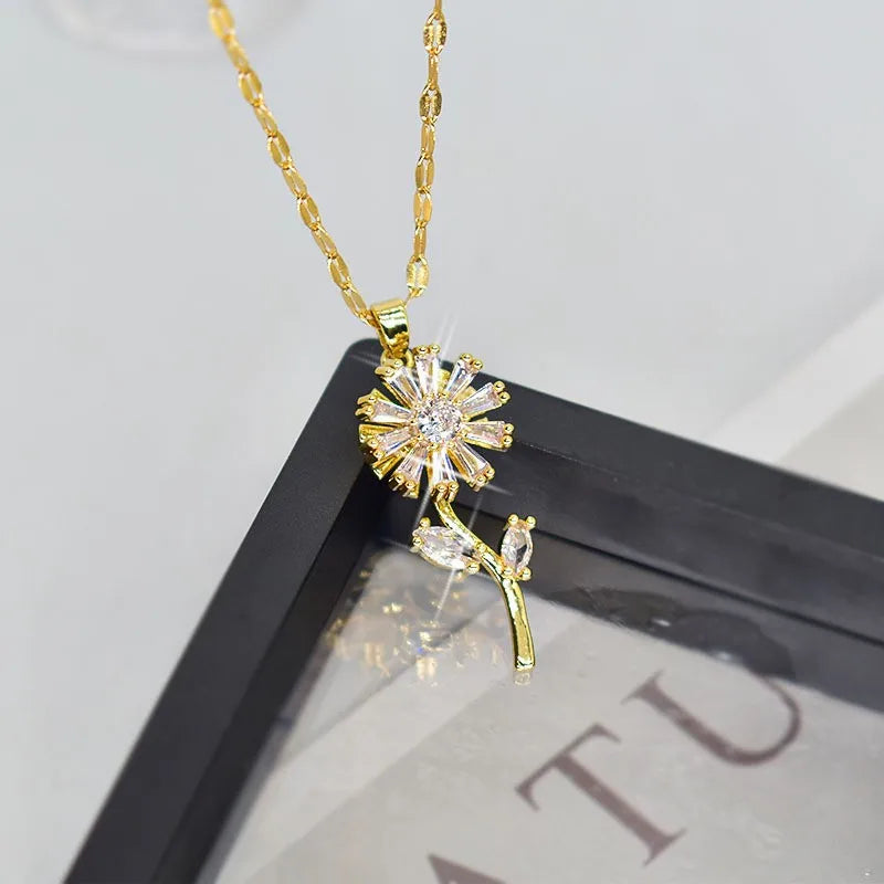 Women Jewelry Titanium Steel Rotatable Sunflower Zircon Pendant Necklace Bling Bling Decompress Shiny Sunflower Necklace