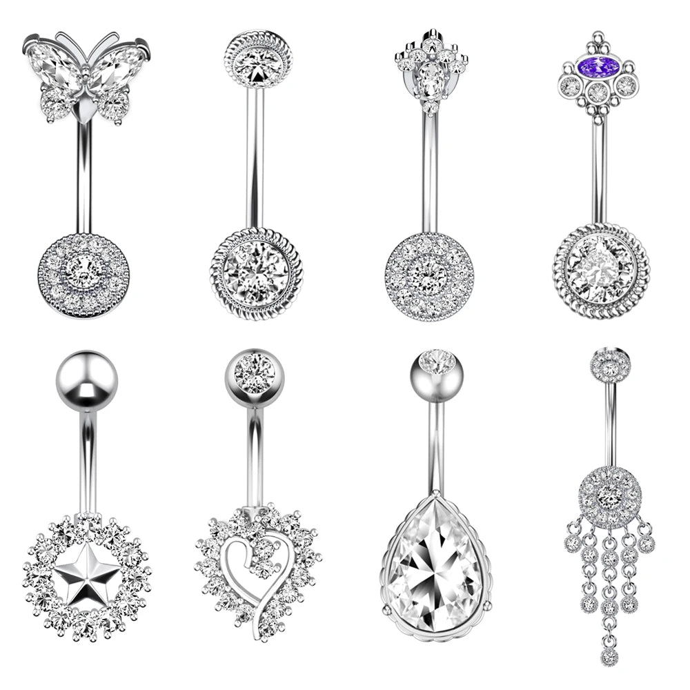 10pcs/set Butterfly Water Drop Pendant Belly Ring Trendy Body Jewelry Stainless Steel Gold Plated Zircon Dangle for Children