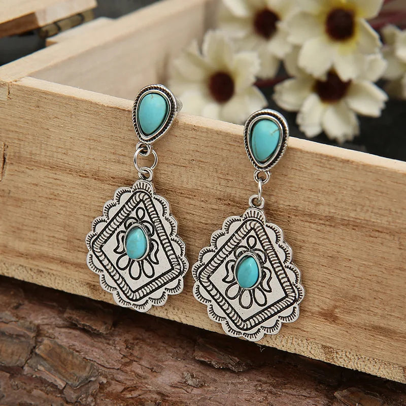Vintage Geometry Silver Eyelash Charm Earring Boho Teardrop Turquoise Statement Earrings Turquoise Silver Drop Earrings