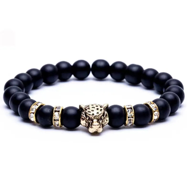 AA01456 Beads Men Bracelet Lucky Charm Black Beads Stone Tiger Leopard Bracelets for Men