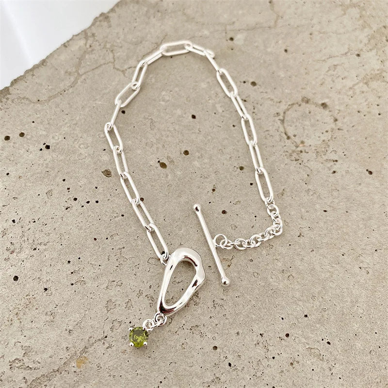925 Silver Dainty Paperclip Chain Toggle Bracelet with Olive Green Zircon