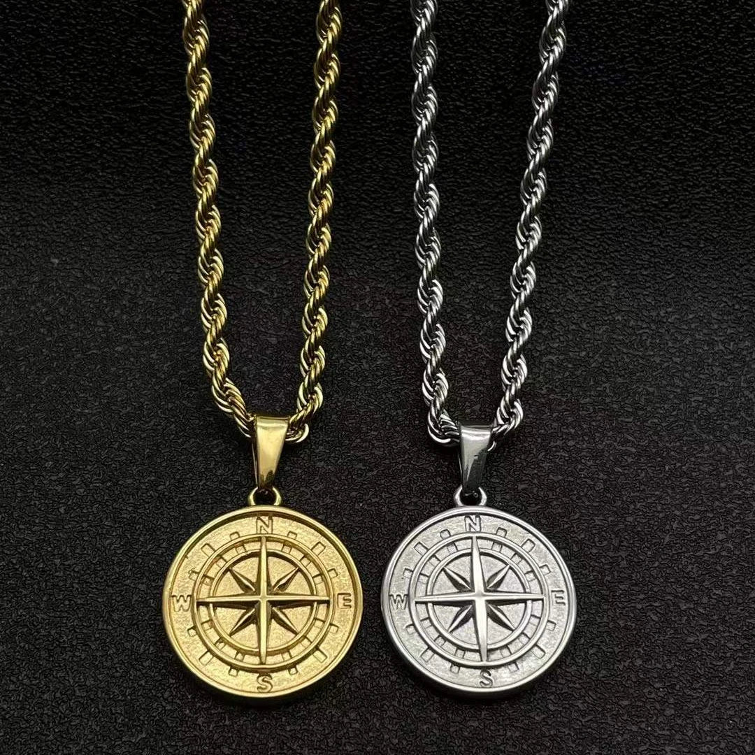 18k Gold Compass North Star Pendant Rope Chain Stainless Steel Engraved Medallion Silver Compass Charm Mens Necklace