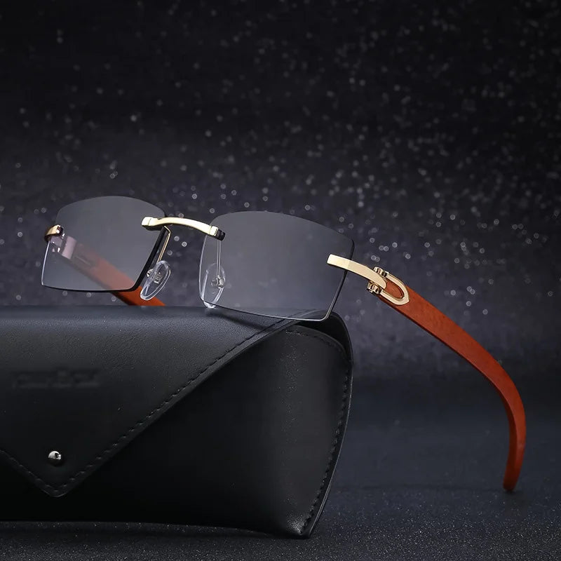 Wholesale Latest Trendy Mens Small Frameless Sunglasses Anti Blue Light Eyeglasses Frame Wood Grain Temple Men Shades Sunglasses