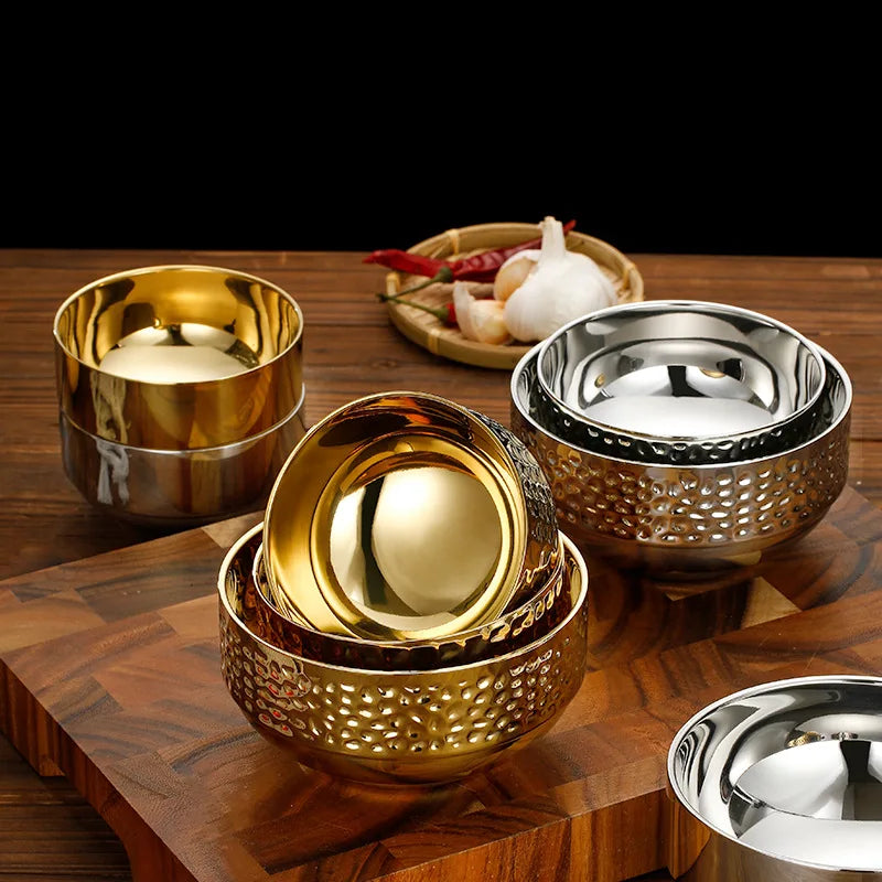 Luxury Hammered  Korean Style Cold Noodle Bowl Plate Restaurants Gold Insulation New Stainless Steel Large Serving Bowls