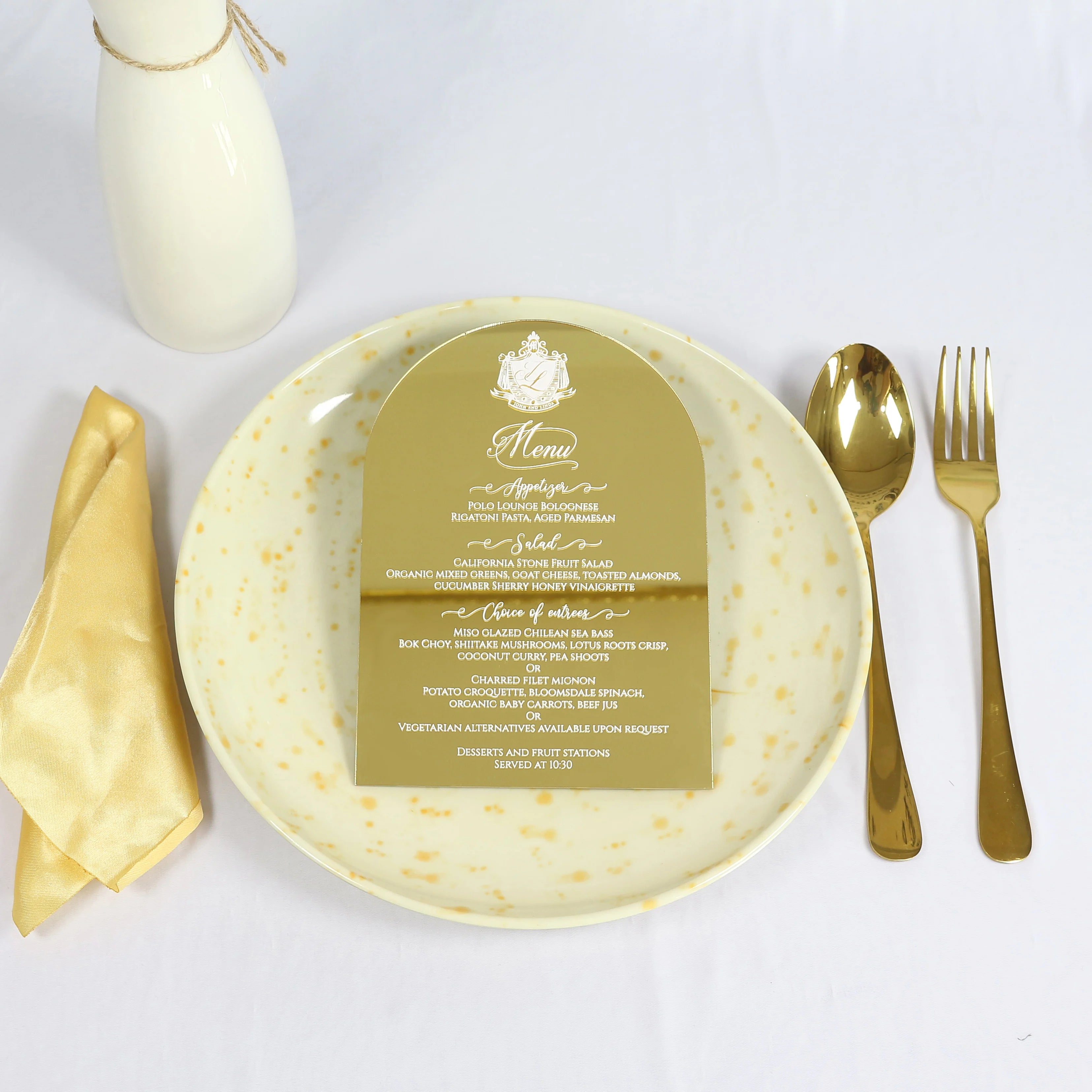 Personalized Gold Mirror Acrylic Arched Menu With White Writing