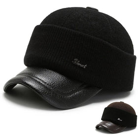 Men Spliced Baseball Hat Sports Cap Winter Warm Folding Ear protection Cotton Cap Middle Aged Elderly Plain Sports Cap