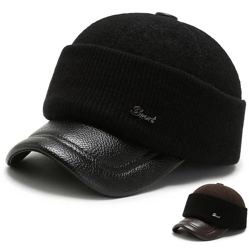 Men Spliced Baseball Hat Sports Cap Winter Warm Folding Ear protection Cotton Cap Middle Aged Elderly Plain Sports Cap