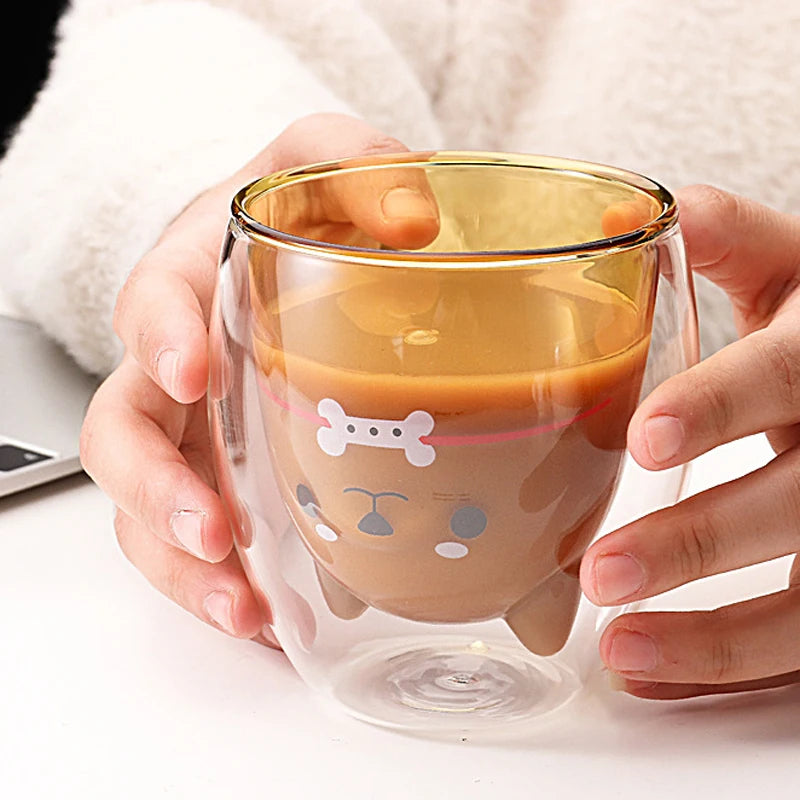 Cartoon Animal Logo Decals Custom Double Wall Glass Cup Without Handle Glass Double Walled Glass for Espresso Coffee