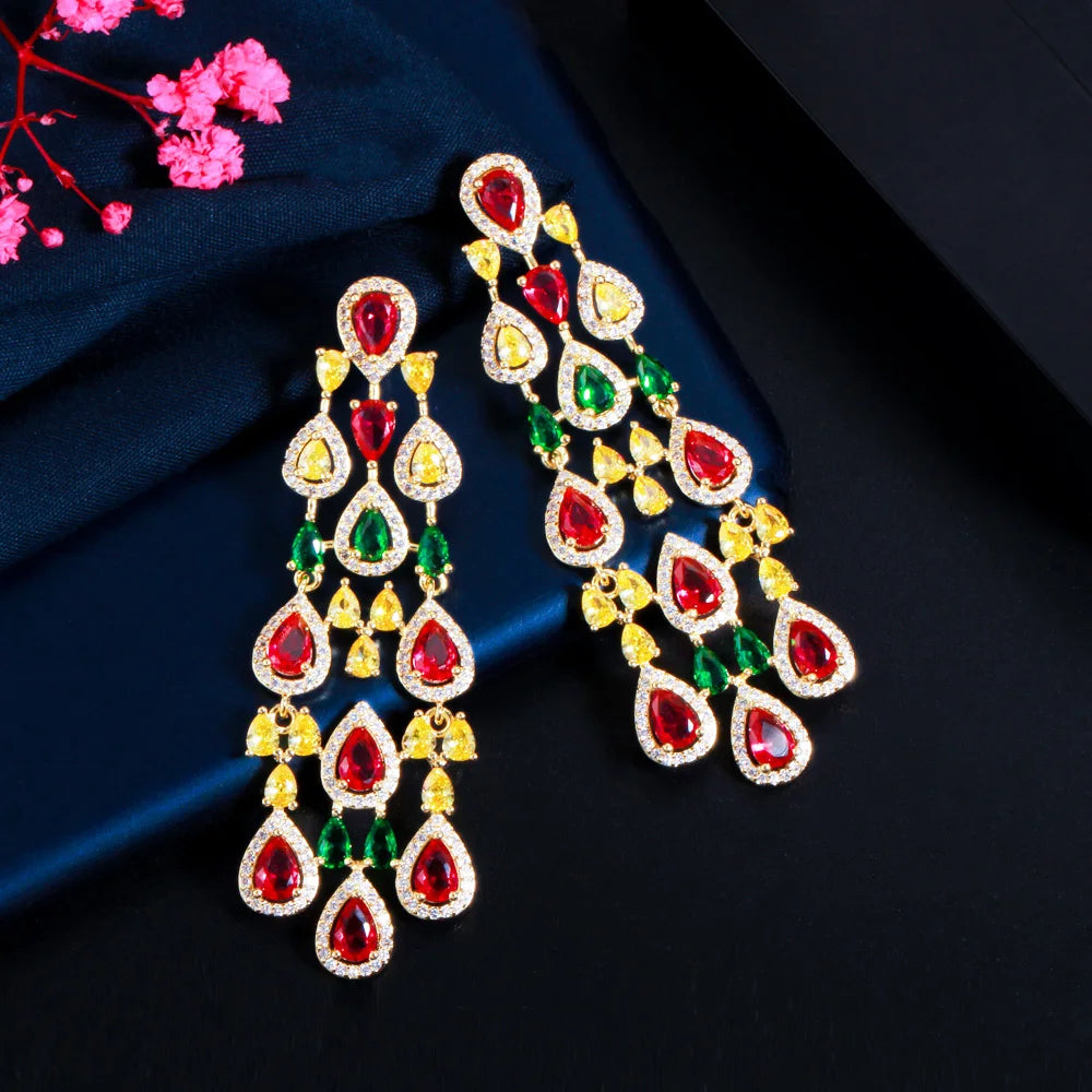 Brilliant Multi Color Water Drop Cubic Zircon CZ Long Big Dangle Tassel Ornate Chandelier Earrings for Women Party Engagement