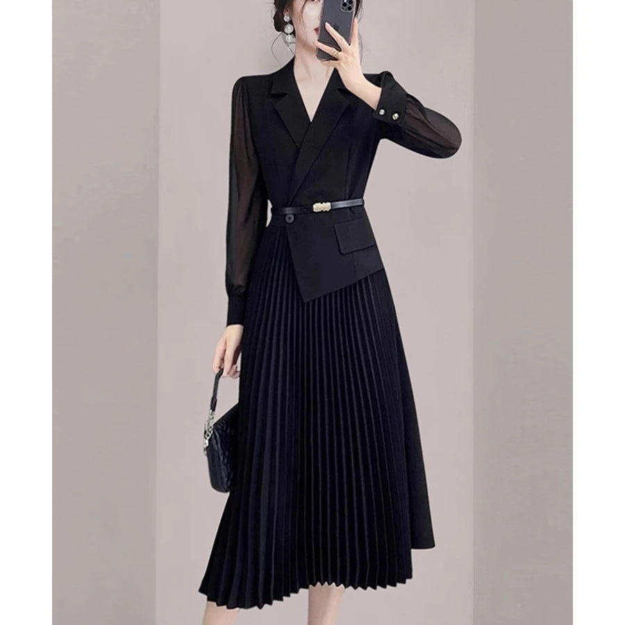 Elegant Women's Spring 2025 New Black Style Pleated Dress Wholesale Clothing