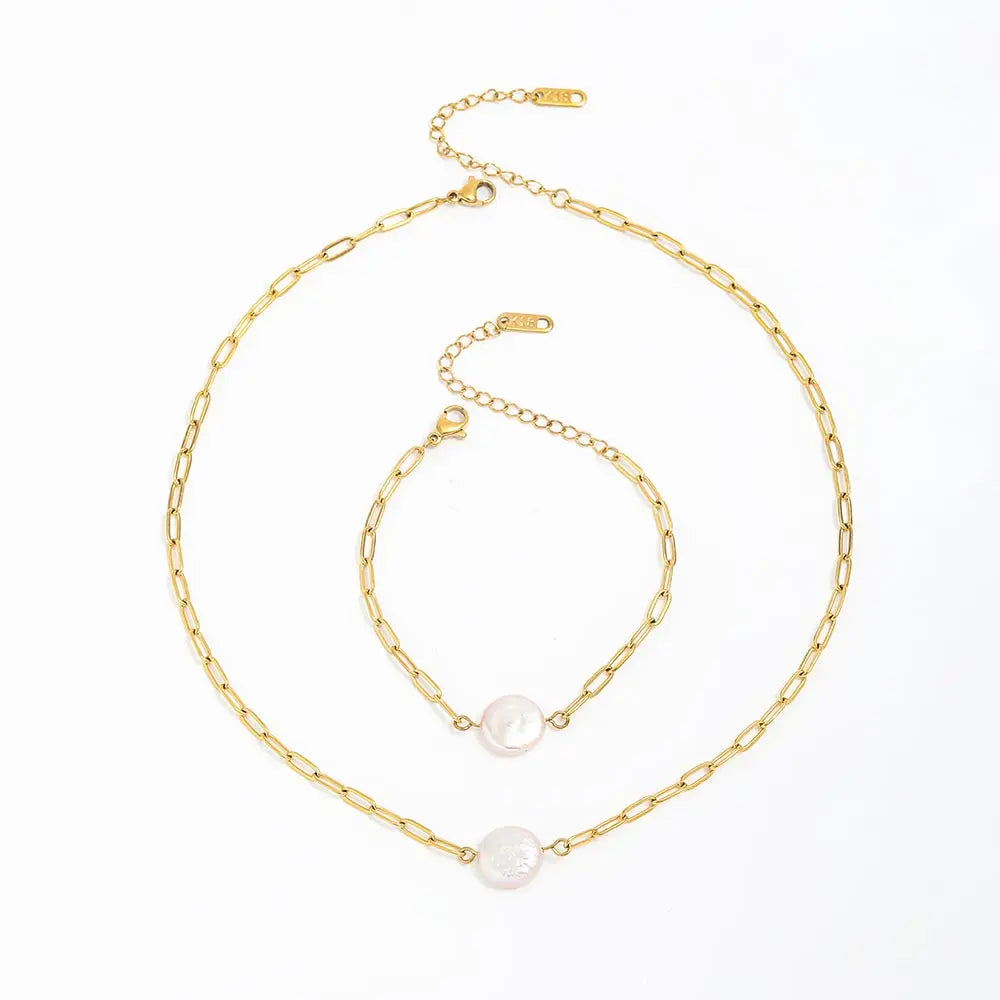 Joolim Jewelry 18K Gold Plated Irregular Fresh Water Pearl Paper Pin Necklace Stainless Steel Jewelry Wholesale