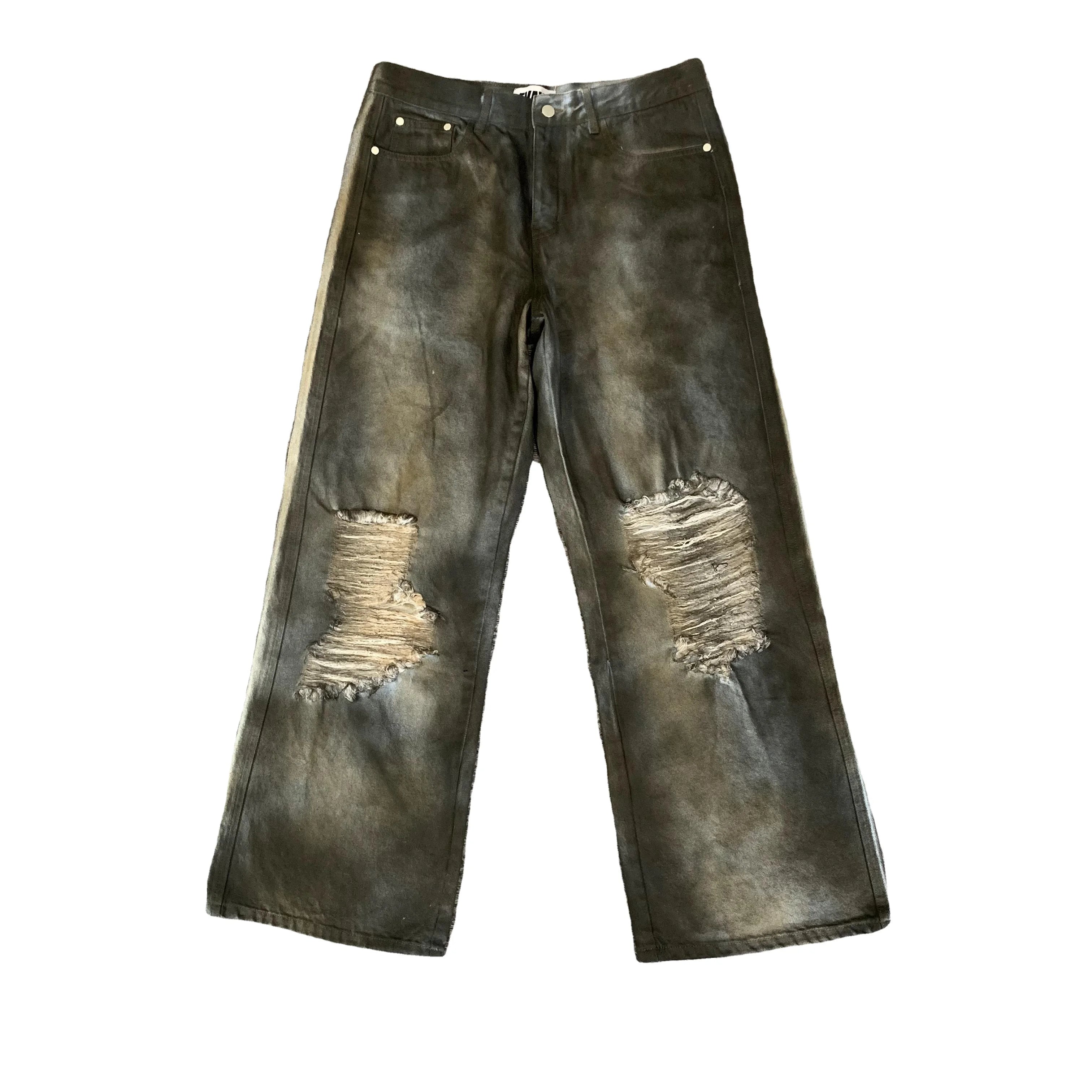 DENIMGUYS Custom Dirty Painted Mud Washed Stacked Denim Loose Trouser High Street Beggar Style American Men Ripped Jeans