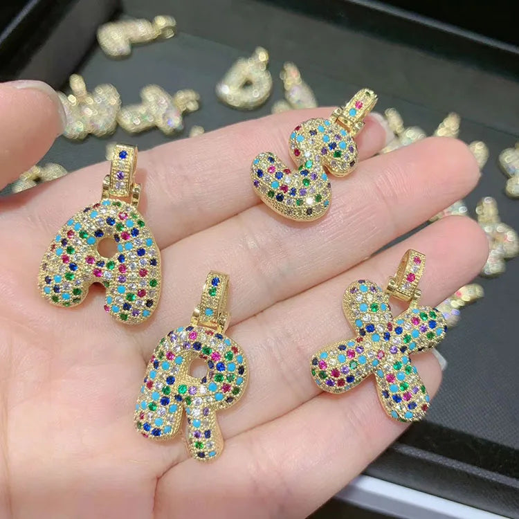 CZ7776  Gold Plated Iced Out Rainbow CZ Micro Pave Bubble Letter Pendant